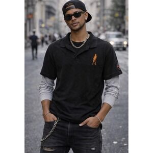 Plain Jane Couture Mens XL Black Polo Shirt Orange Pin Up Girl Logo Cotton Pique